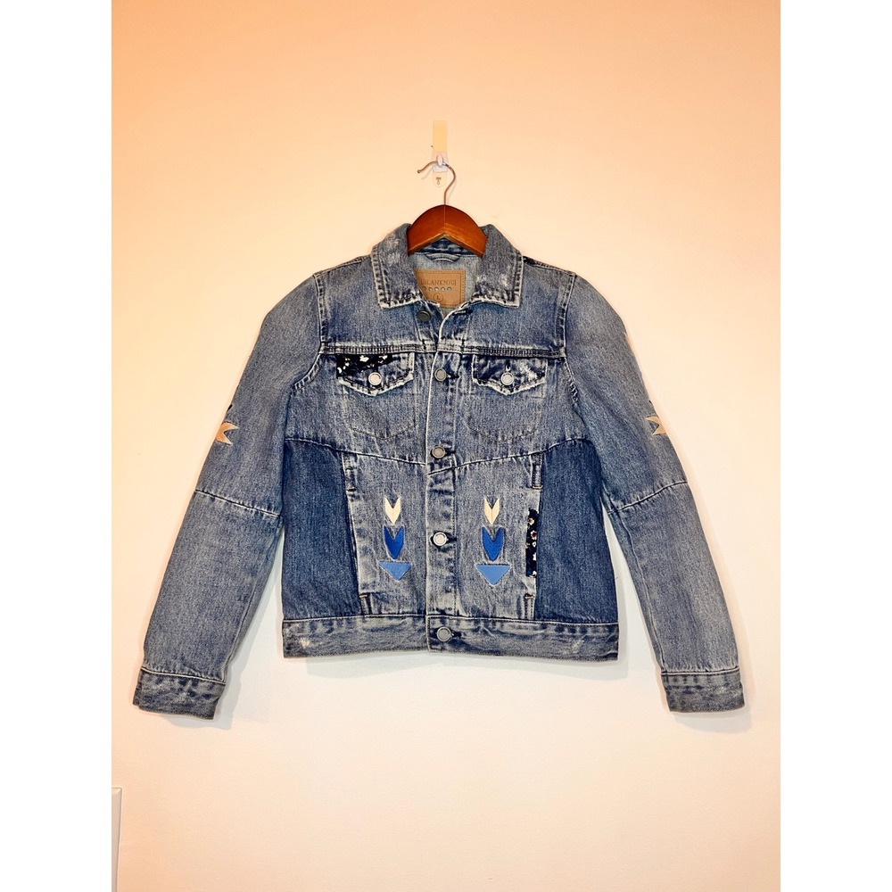 BLANKNYC Womens Patchwork Embroidered Denim Trucker Jacket Medium Wash Large